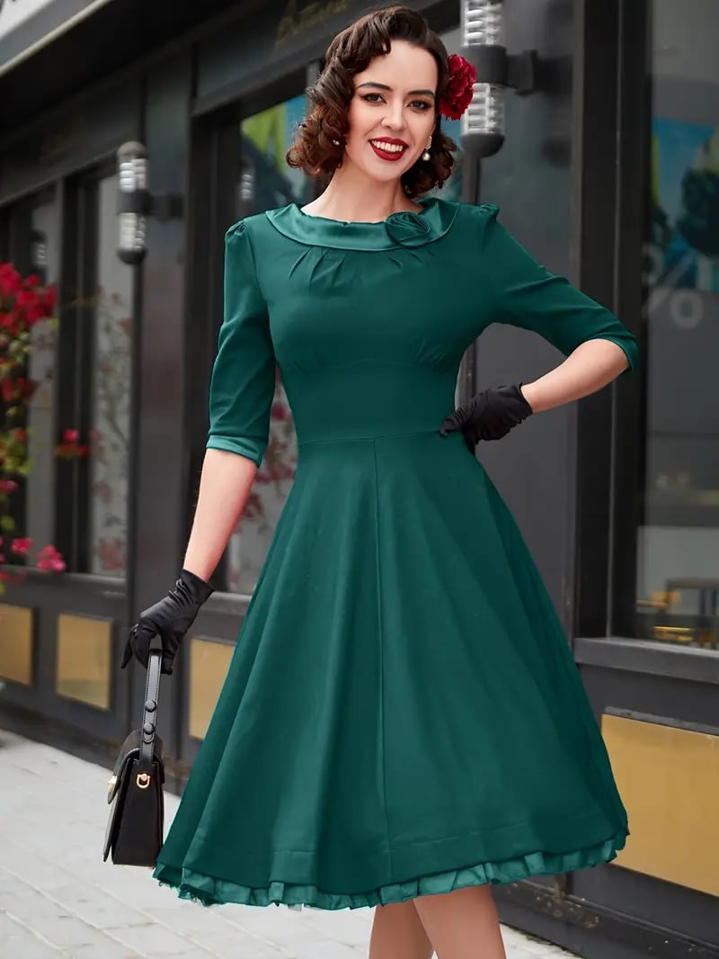 Teal Green A-Line Dress with Collar — Classy Knee Length Dress
