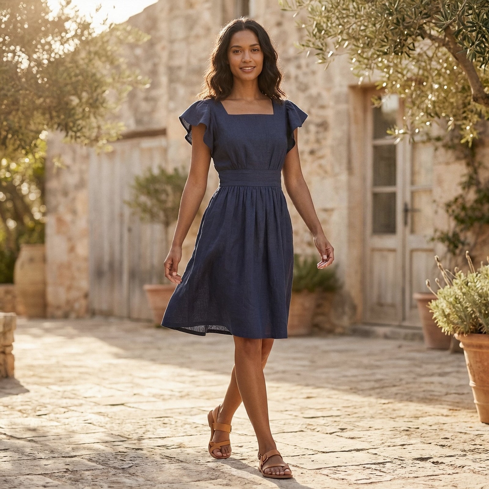 Floral Navy Blue Pencil Dress with Sheer Sleeves — Classy Knee Length Dress