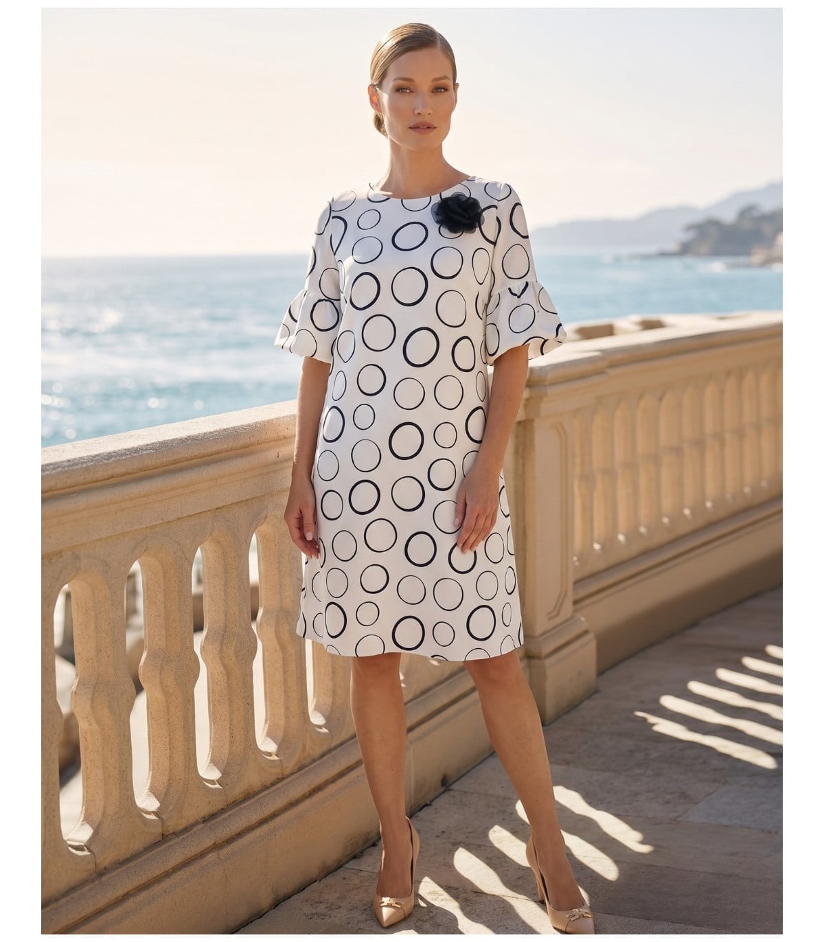 White Trapeze Dress with Circle Print — Classy Knee Length Dress