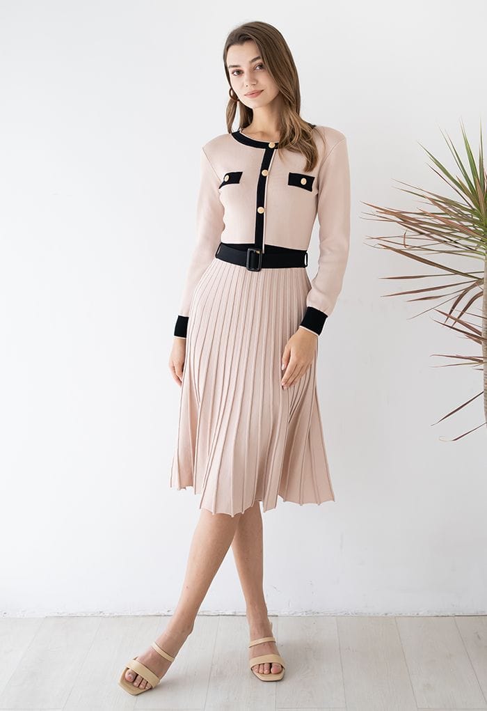 Beige Knit Dress with Pleated Skirt Beige Knit Dress with Pleated Skirt — Classy Knit Dress