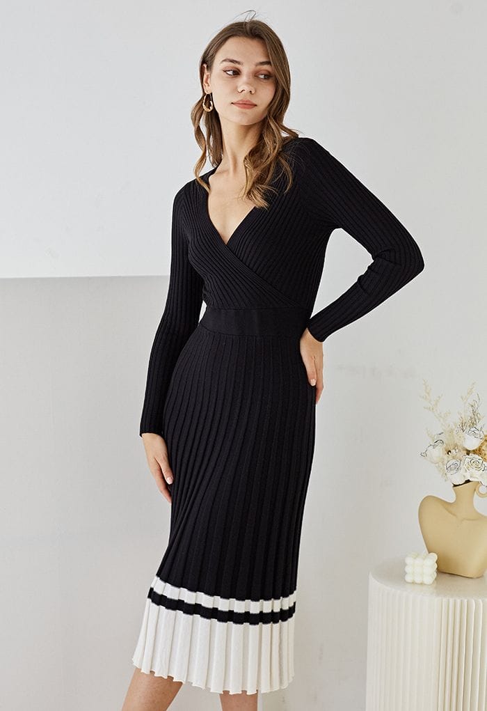 Black Wrap Midi Dress with Contrast Hem Black Wrap Midi Dress with Contrast Hem — Classy Knit Dress