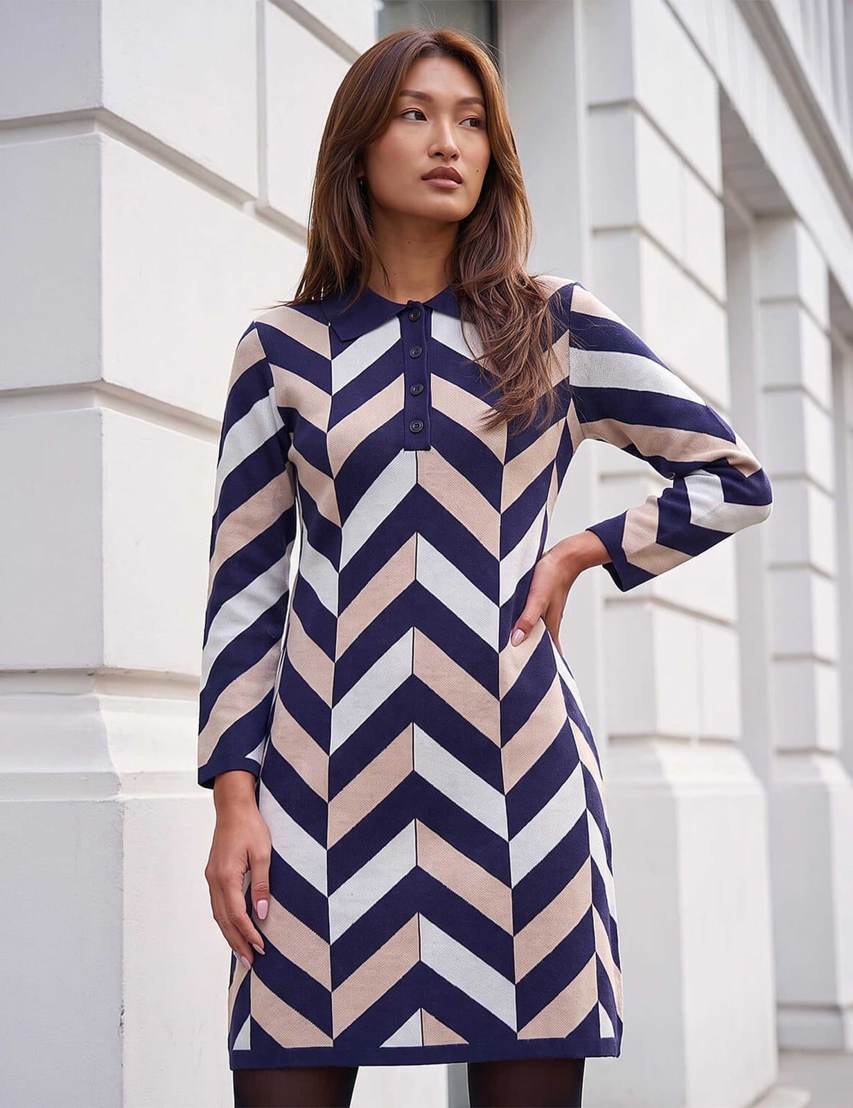 Chevron Print Knit Dress with Collar Chevron Print Knit Dress with Collar — Classy Knit Dress
