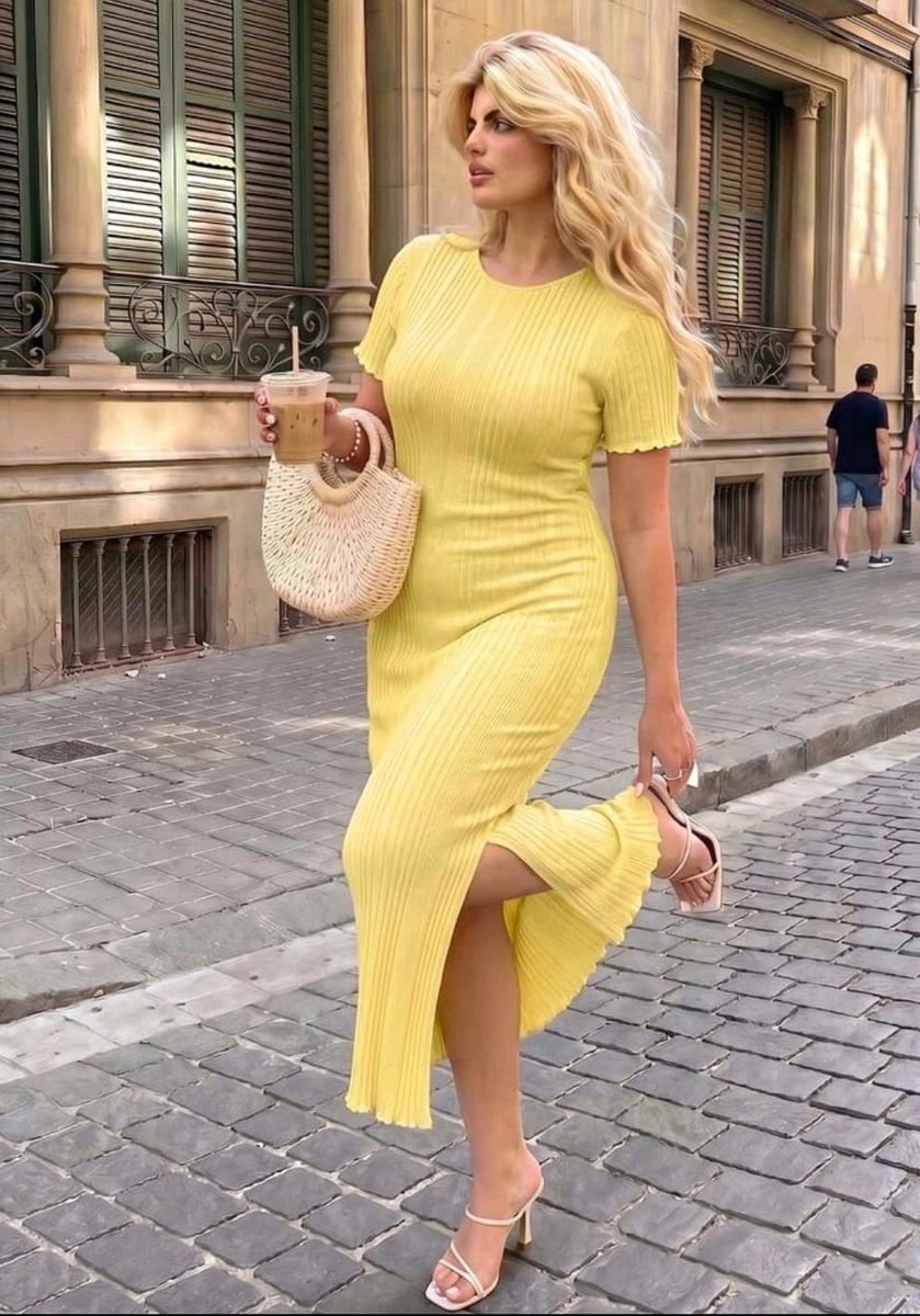 Yellow Ribbed Knit Midi Dress with Ruffled Hem Yellow Ribbed Knit Midi Dress with Ruffled Hem — Classy Knit Dress