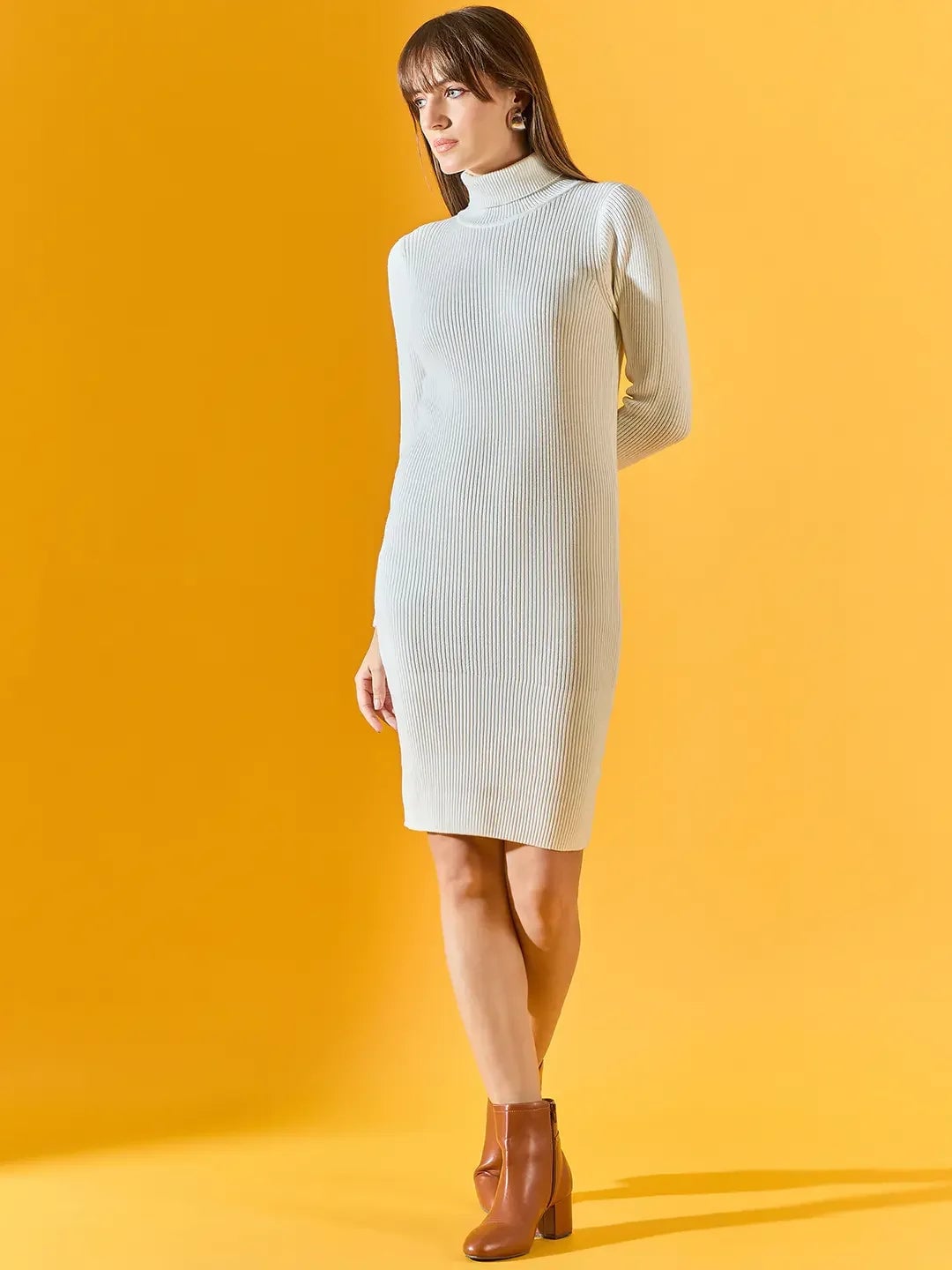 Off-white Ribbed Knit Turtleneck Dress With Ankle Boots Off-white Ribbed Knit Turtleneck Dress With Ankle Boots — Classy Knit Dress