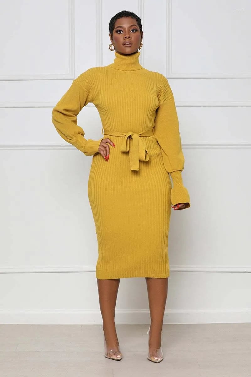 Yellow Ribbed Knit Midi Dress with Fabric Belt and Gold Hoop Earrings Yellow Ribbed Knit Midi Dress with Fabric Belt and Gold Hoop Earrings — Classy Knit Dress