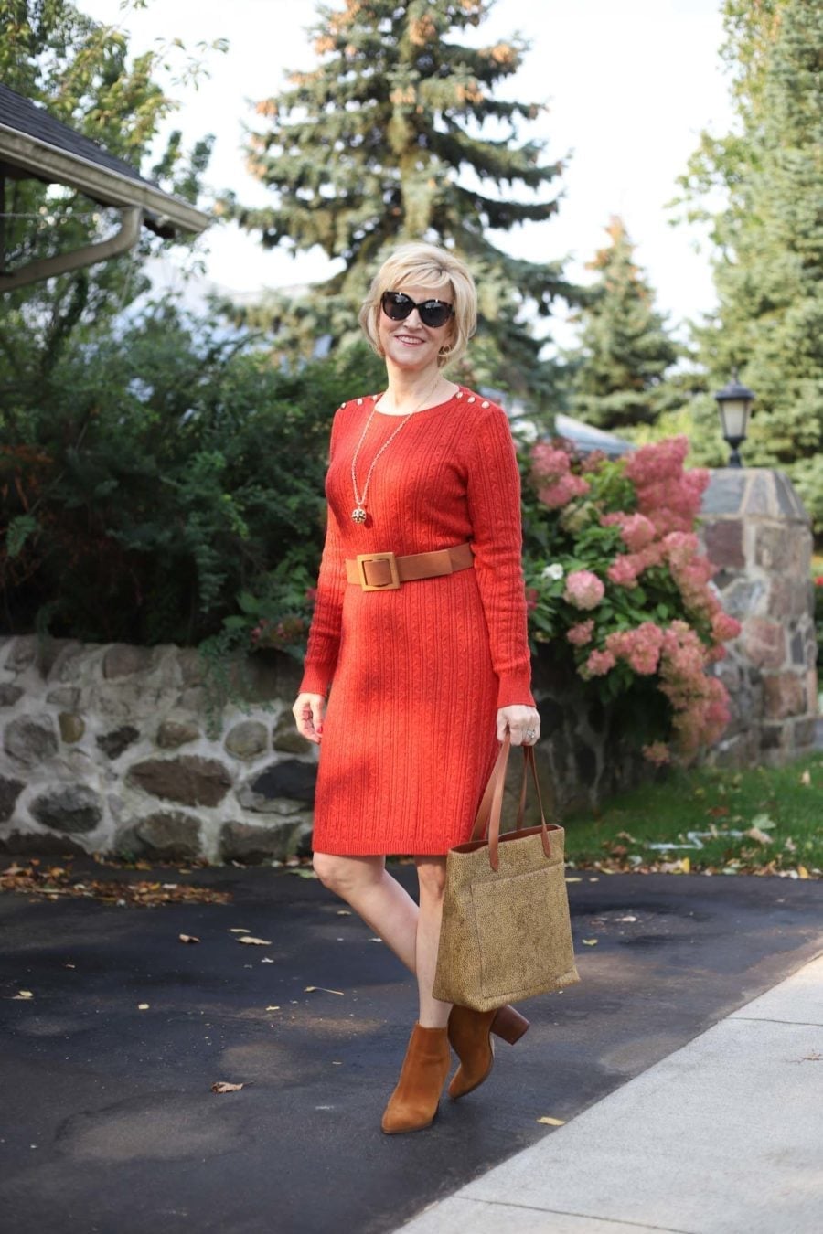 Red Textured Knit A-Line Dress with Buttons and Ankle Boots Red Textured Knit A-Line Dress with Buttons and Ankle Boots — Classy Knit Dress