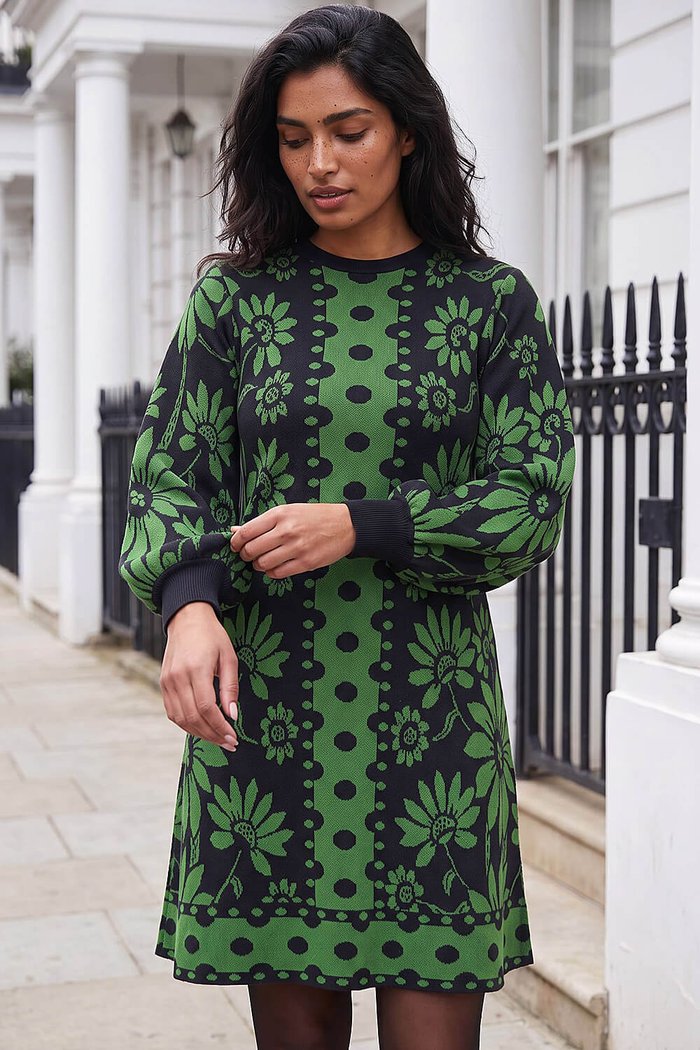 Green and Black Jacquard Knit Dress, Close-Up Take Green and Black Jacquard Knit Dress, Close-Up Take — Classy Knit Dress