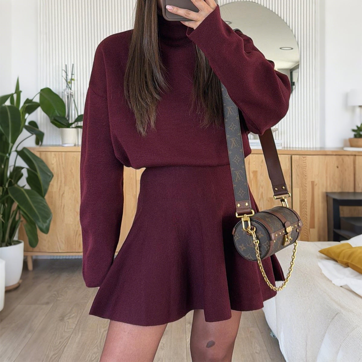 Burgundy Turtleneck Knit Dress with Fit and Flare and Crossbody Bag Burgundy Turtleneck Knit Dress with Fit and Flare and Crossbody Bag — Classy Knit Dress