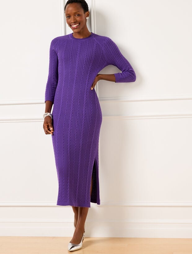 Purple Cable Knit Midi Dress with Side Slit and Pointed Silver Heels Purple Cable Knit Midi Dress with Side Slit and Pointed Silver Heels — Classy Knit Dress