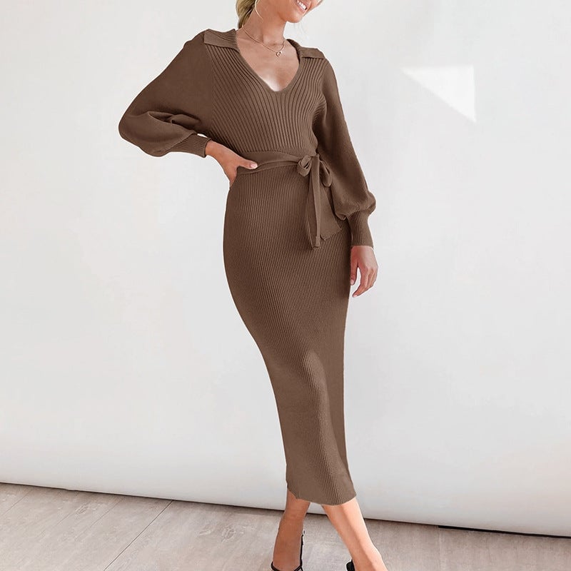 Brown Ribbed Knit Dress with Collared Neckline Brown Ribbed Knit Dress with Collared Neckline — Classy Knit Dress