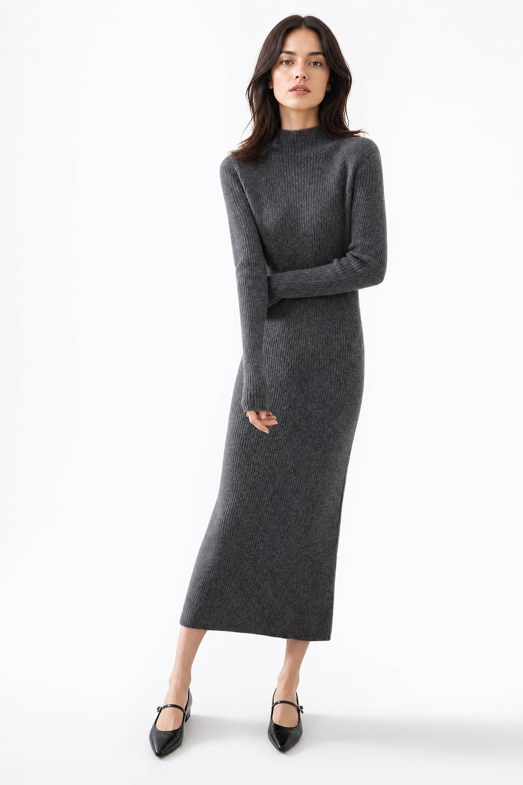 Grey Ribbed Wool Knit Dress with Mock Neck Grey Ribbed Wool Knit Dress with Mock Neck — Classy Knit Dress