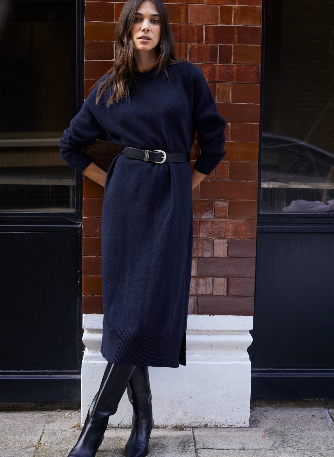 Navy Wool Blend Knit Dress with Wide Belt Navy Wool Blend Knit Dress with Wide Belt — Classy Knit Dress