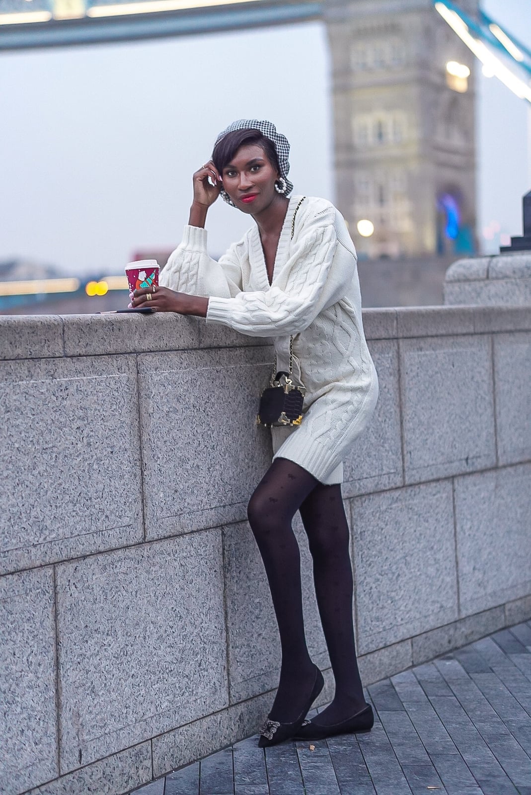 White Cable Knit Mini Dress with Patterned Tights White Cable Knit Mini Dress with Patterned Tights — Classy Knit Dress