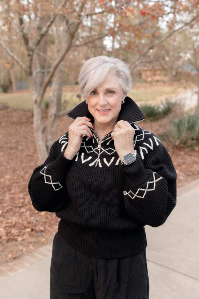Oversized Fair Isle Knit Sweater With Collared Shirt Oversized Fair Isle Knit Sweater With Collared Shirt — Classy Knit Outfits