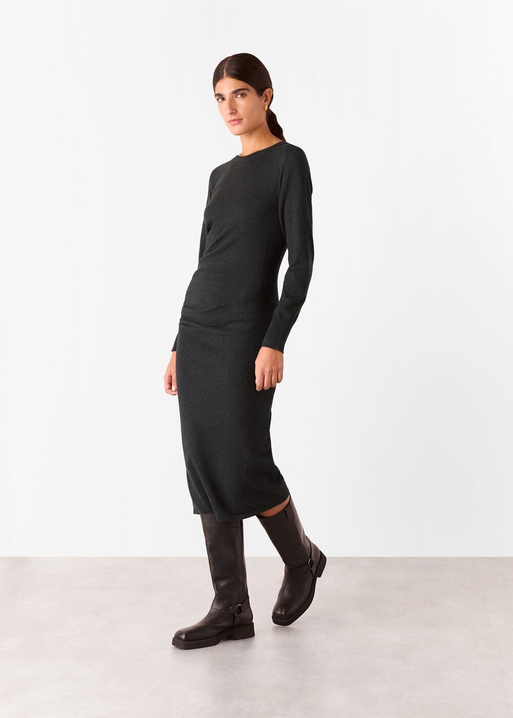 Dark Grey Knit Midi Dress With Gathered Side Detail Dark Grey Knit Midi Dress With Gathered Side Detail — Classy Knit Outfits