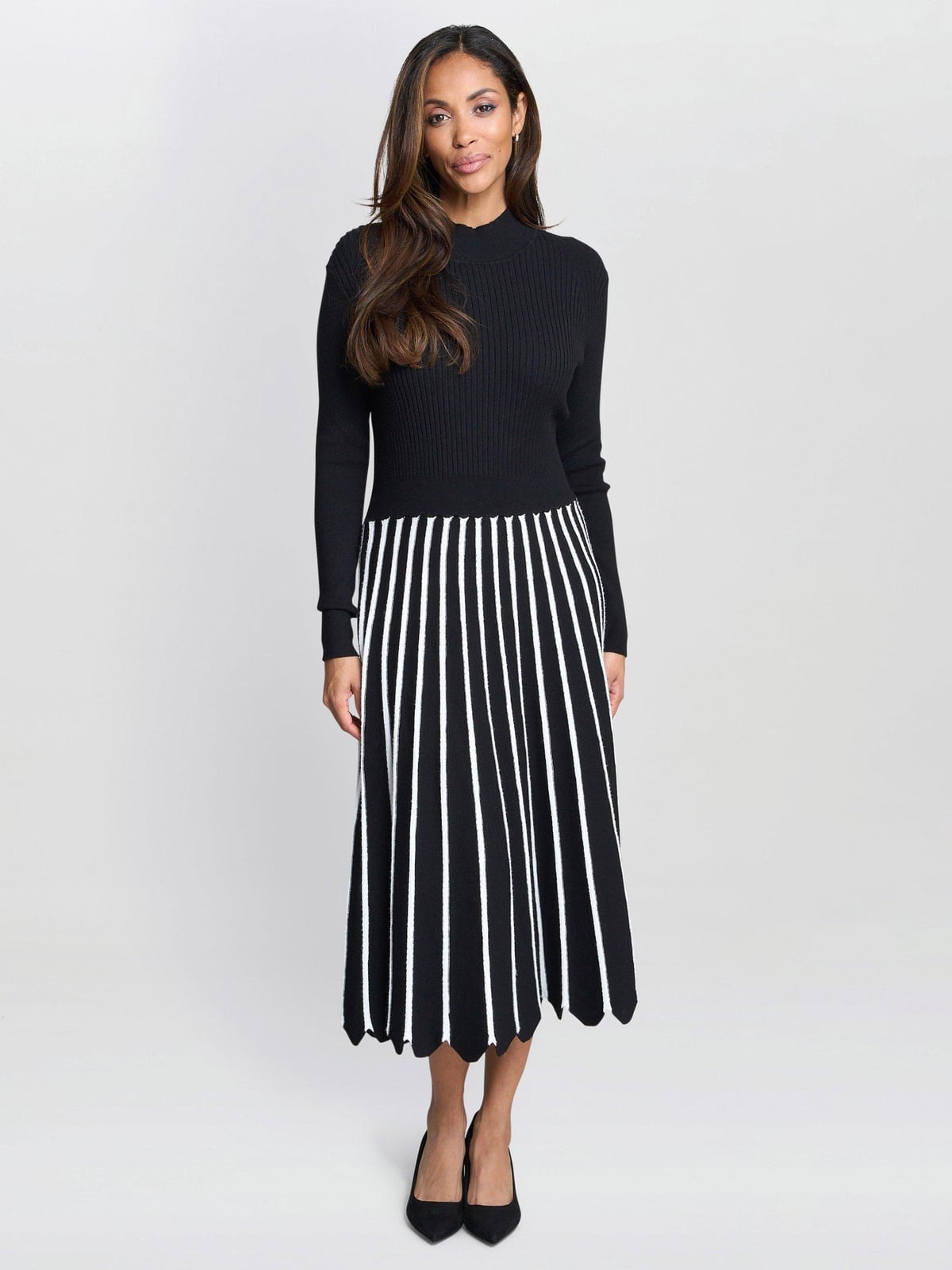 Black Knit Top With Striped Scalloped Hem Midi Skirt Black Knit Top With Striped Scalloped Hem Midi Skirt — Classy Knit Outfits