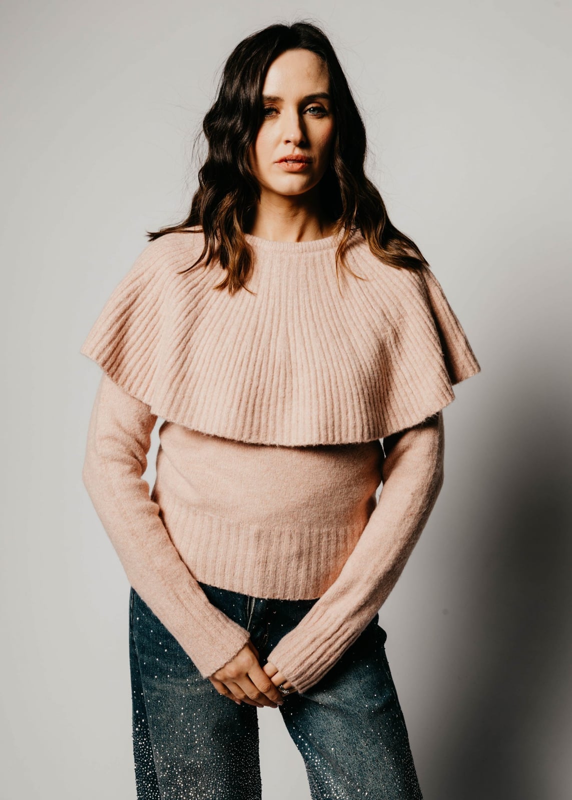 Blush Pink Ribbed Knit Jumper With Cape Collar Blush Pink Ribbed Knit Jumper With Cape Collar — Classy Knit Outfits