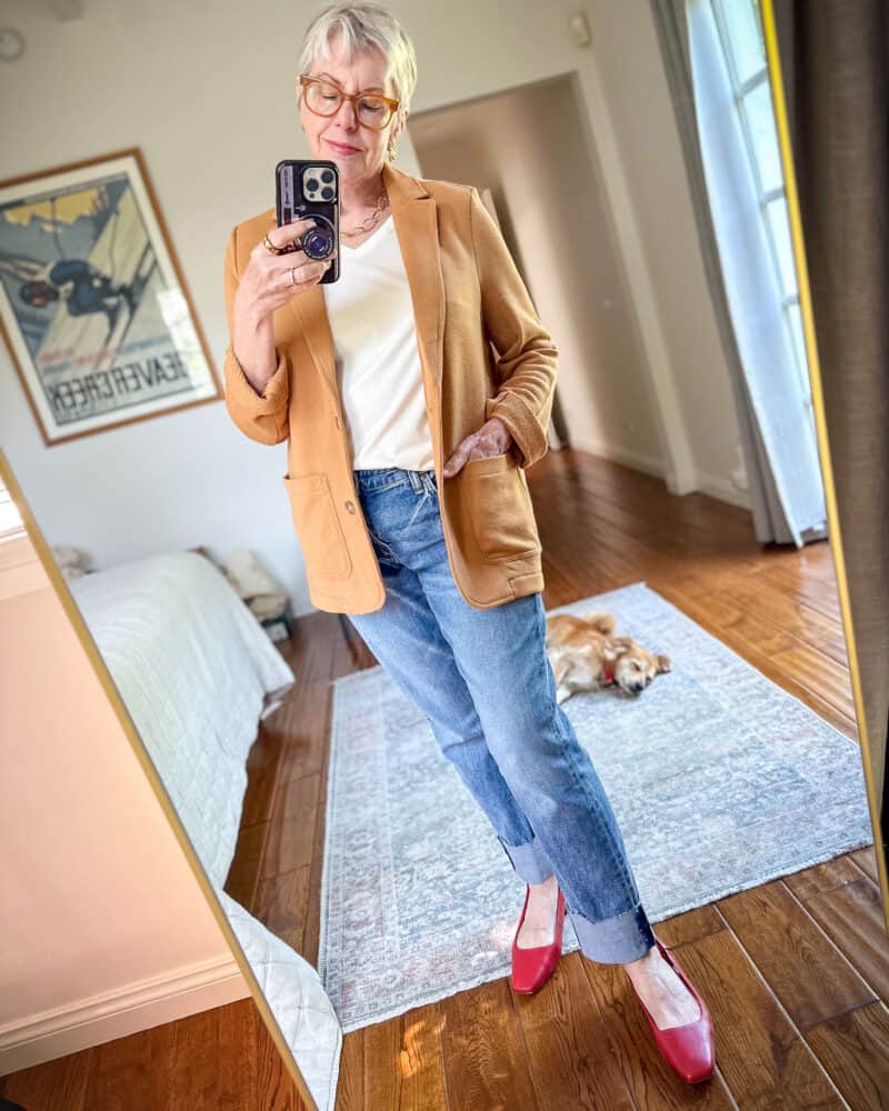 Camel Knit Blazer With Cuffed Jeans Camel Knit Blazer With Cuffed Jeans — Classy Knit Outfits