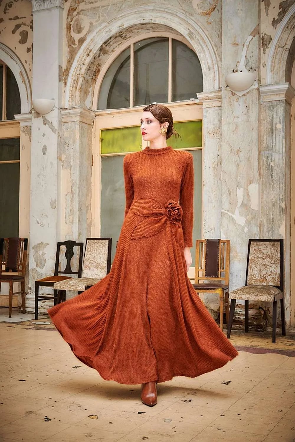Rust Orange Textured Knit Dress With Rose Detail Rust Orange Textured Knit Dress With Rose Detail — Classy Knit Outfits