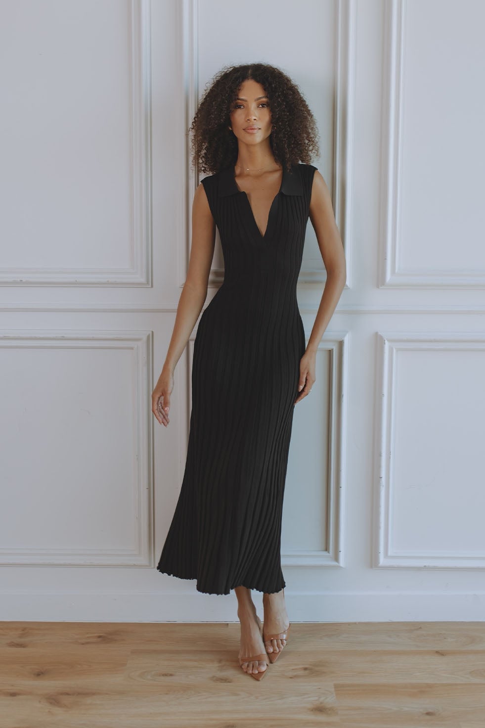 Black Ribbed Knit Maxi Dress With Deep V-Neck Black Ribbed Knit Maxi Dress With Deep V-Neck — Classy Knit Outfits