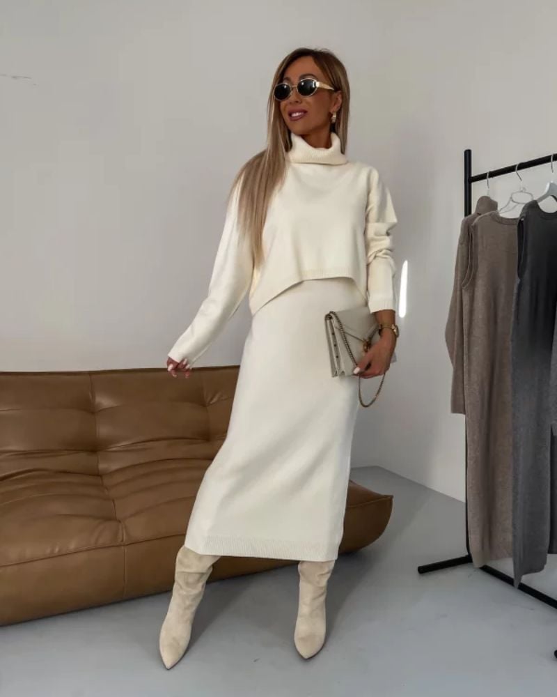 Cream Knit Co-ord Set With Ankle Boots Cream Knit Co-ord Set With Ankle Boots — Classy Knit Outfits