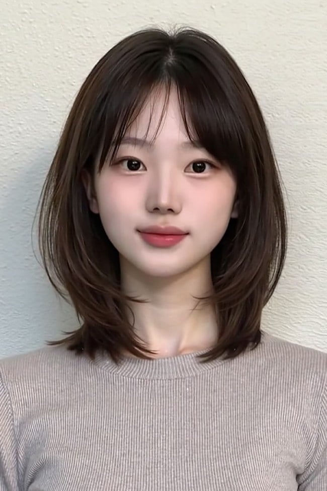 Collarbone Layered Lob With See-Through Bangs, Dark Brown — Classy Korean Haircuts