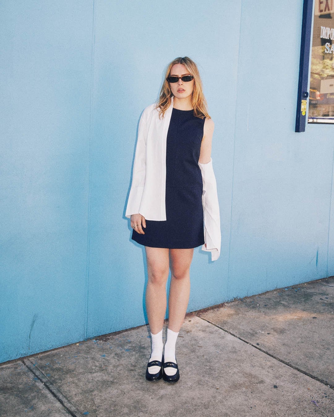 Navy Shift Dress with Asymmetrical Overlay Navy Shift Dress with Asymmetrical Overlay — Classy La Outfits