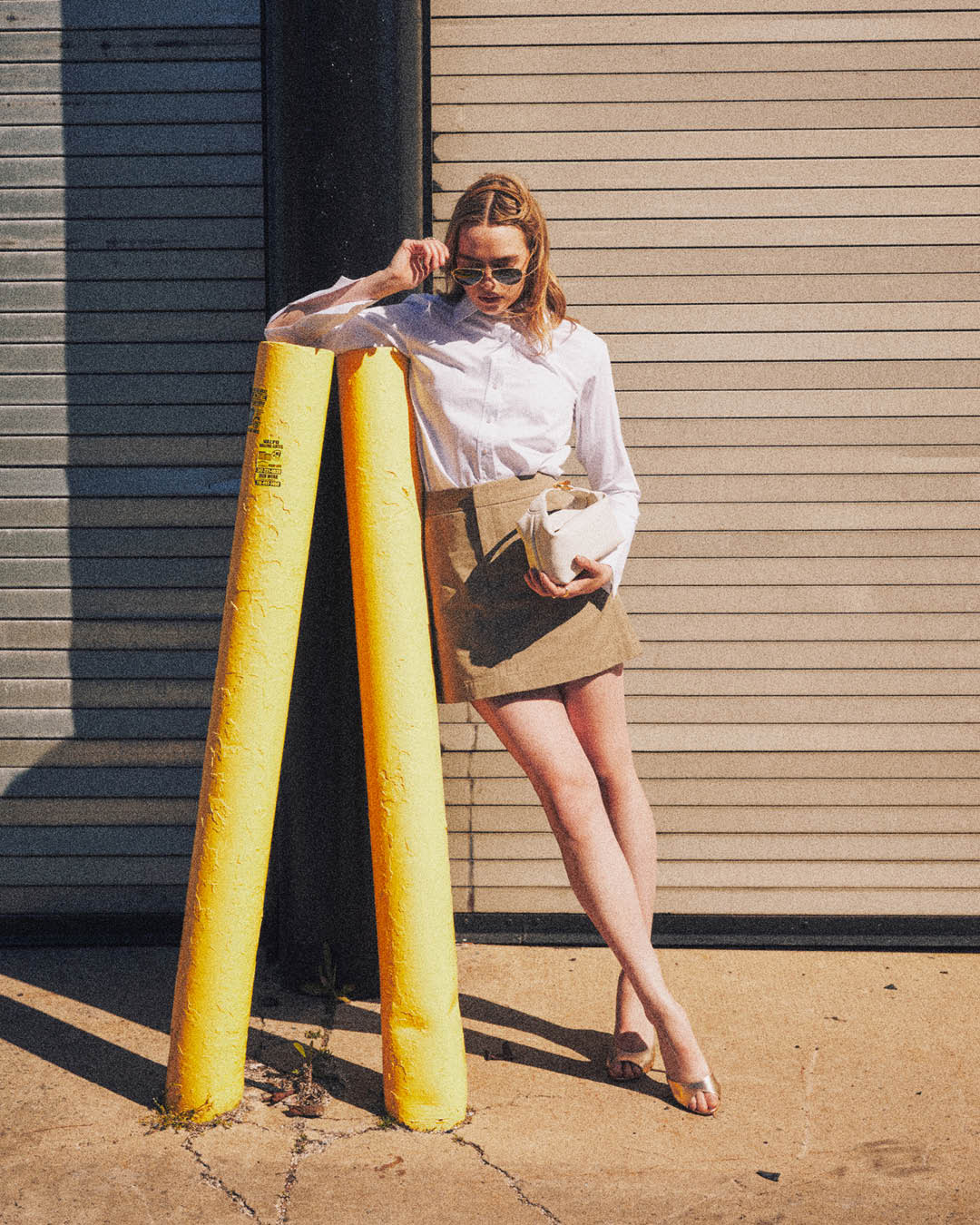 White Button-Down Shirt with Beige Mini Skirt White Button-Down Shirt with Beige Mini Skirt — Classy La Outfits