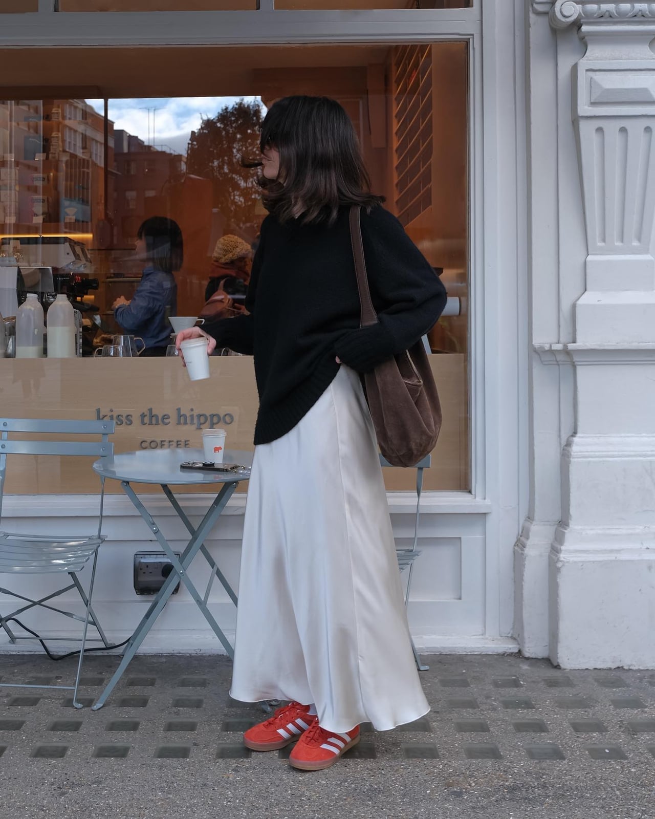 Cream Satin Maxi Skirt with Knit Sweater Cream Satin Maxi Skirt with Knit Sweater — Classy La Outfits