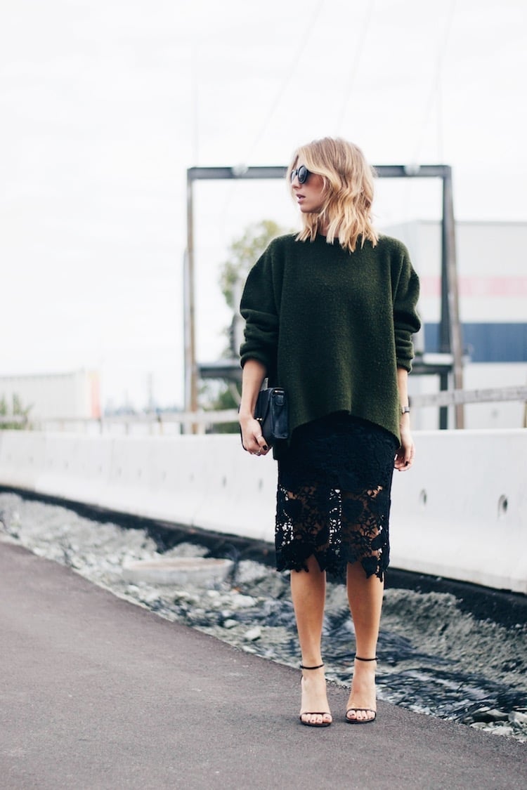Black Lace Pencil Skirt With Oversized Knit Sweater — Classy Lace Skirt Outfit