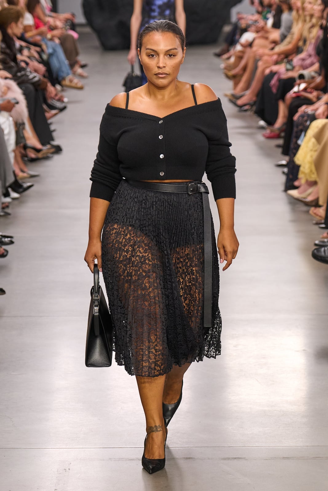 Black Pleated Lace Midi Skirt With Cardigan and Belt — Classy Lace Skirt Outfit