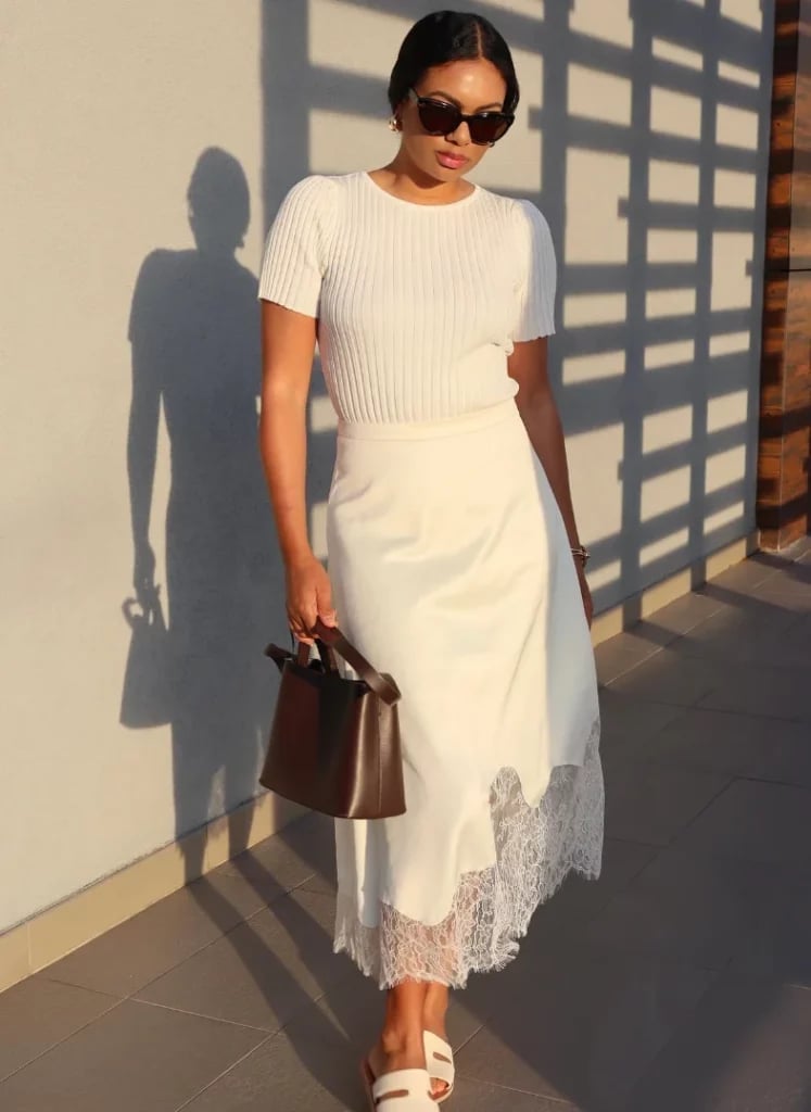 White Midi Skirt With Scalloped Lace Hem — Classy Lace Skirt Outfit