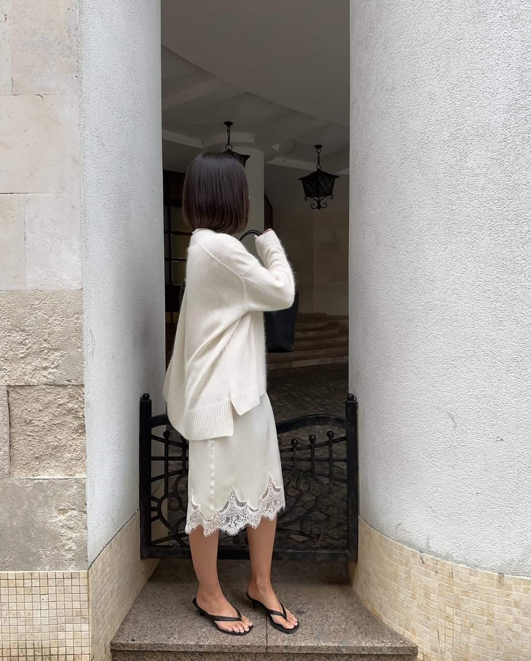 Cream Lace Midi Skirt With Knitwear — Classy Lace Skirt Outfit