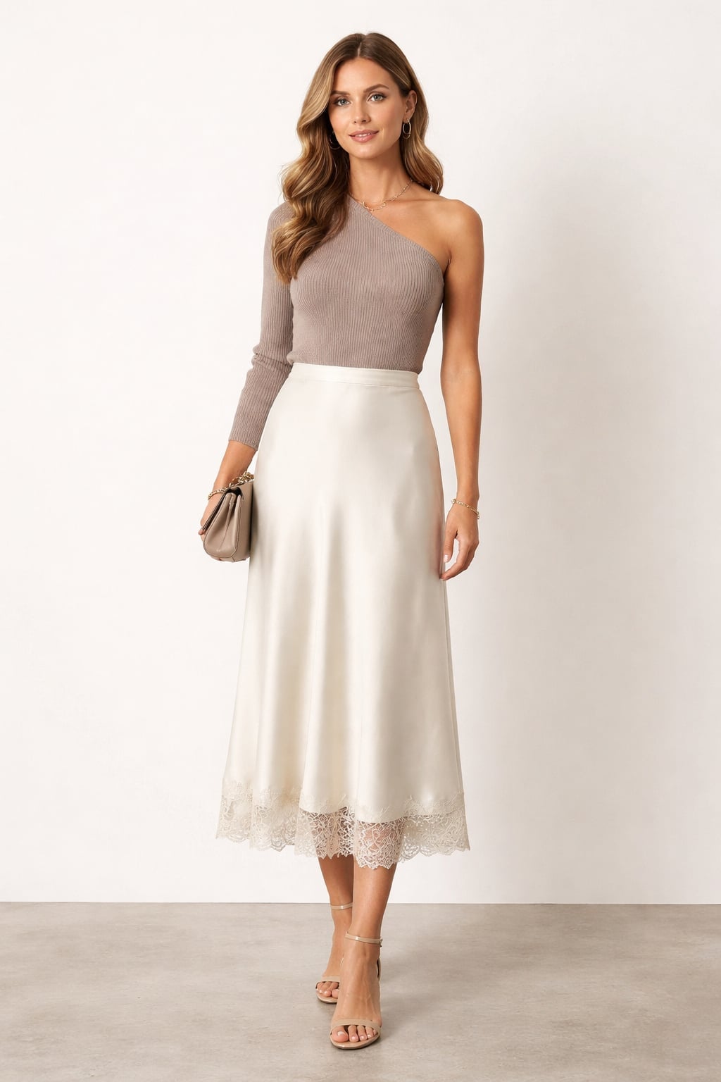 Cream Satin Midi Skirt With Lace Trim Hem — Classy Lace Skirt Outfit