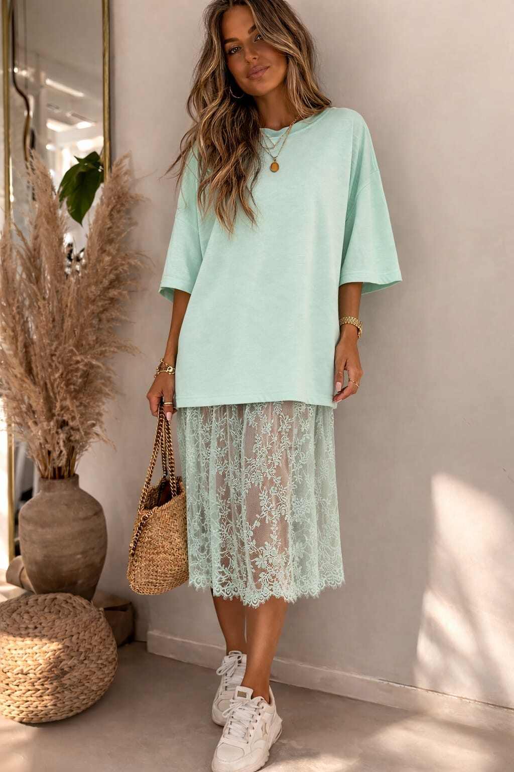 Mint Green Sheer Lace Midi Skirt With Oversized T-Shirt — Classy Lace Skirt Outfit