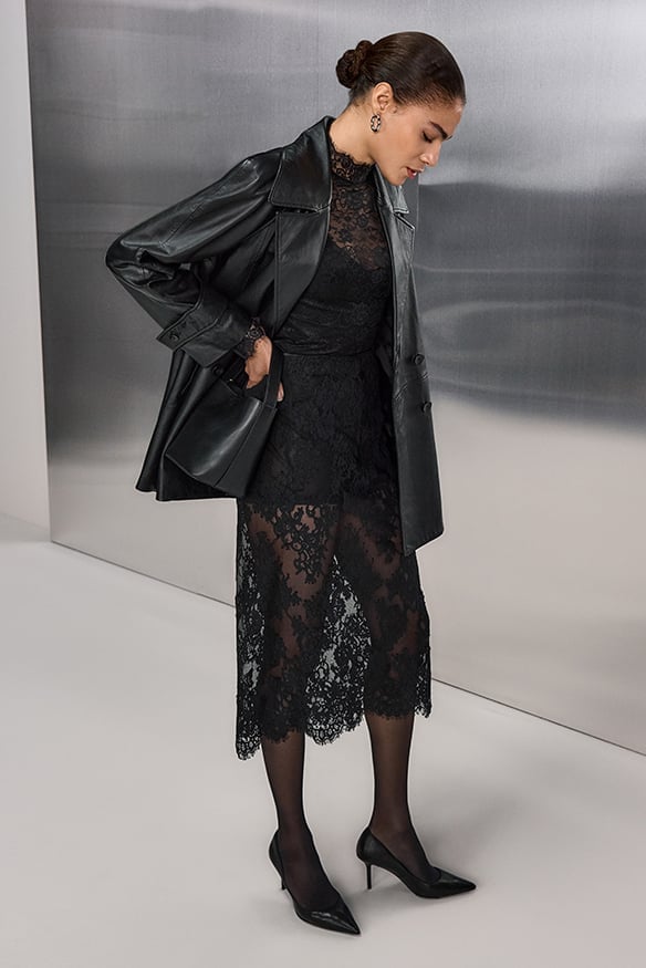 Monochromatic Black Lace Dress Under Leather Jacket — Classy Lace Skirt Outfit
