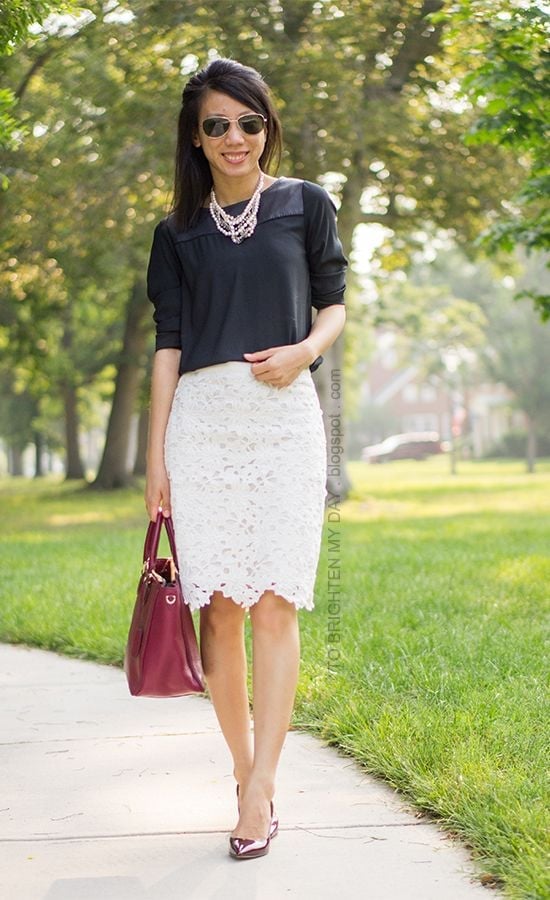 White Lace Pencil Skirt With Scalloped Hem and Pointed-Toe Heels — Classy Lace Skirt Outfit