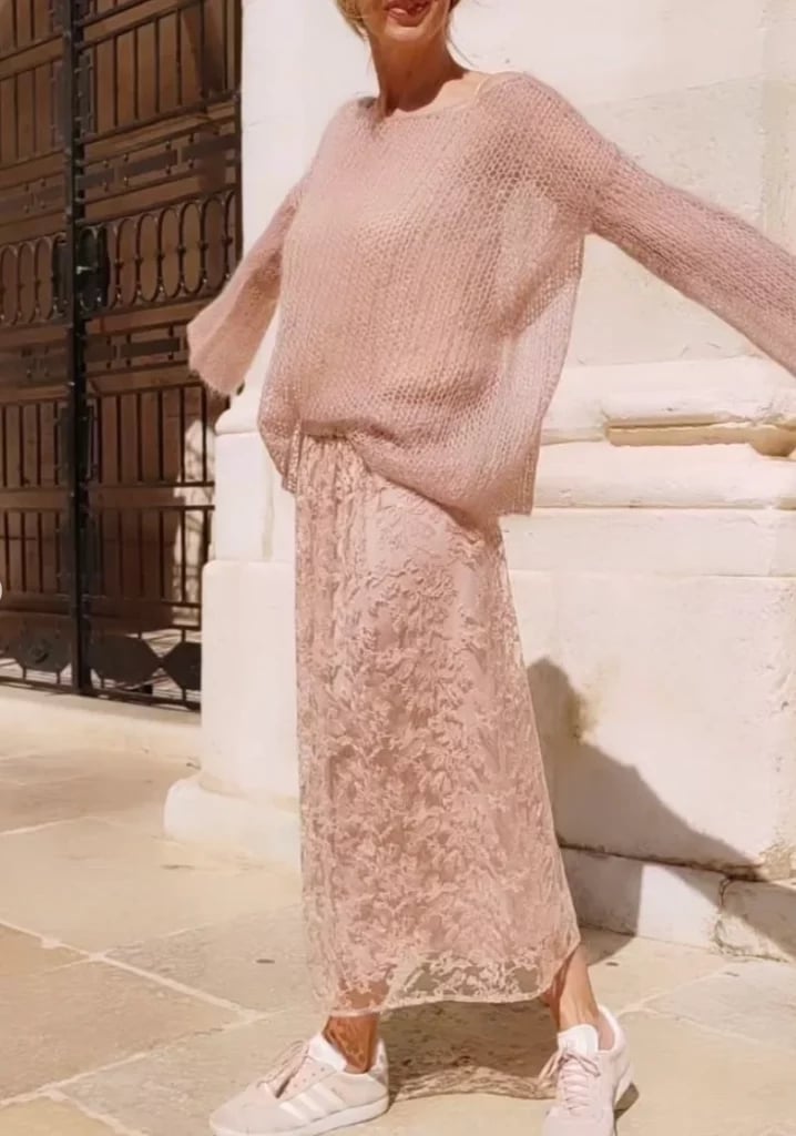 Pink Lace Midi Skirt With Sheer Knit Sweater — Classy Lace Skirt Outfit