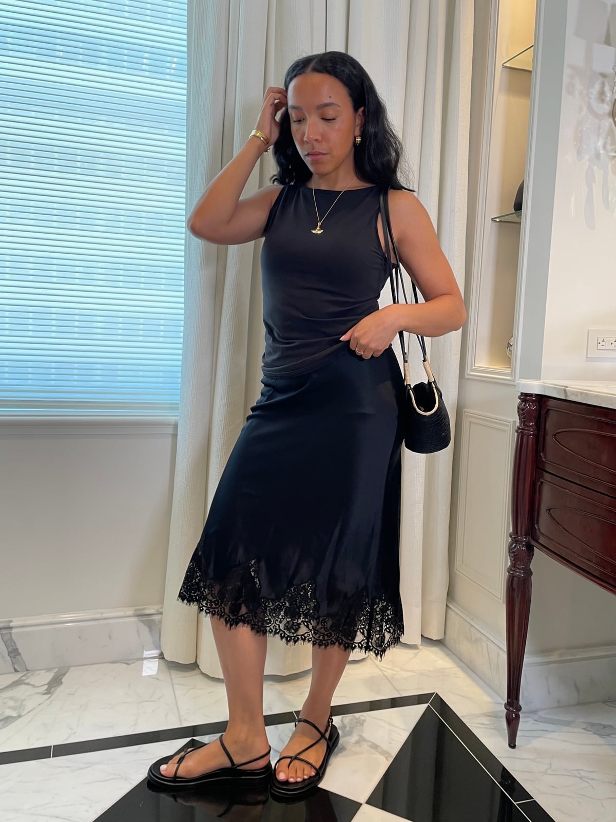 Black Satin Midi Skirt With Lace Trim Hem, Straight — Classy Lace Skirt Outfit