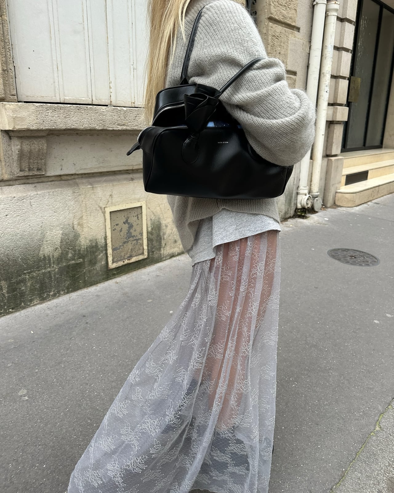 White Sheer Lace Maxi Skirt With Grey Knitwear — Classy Lace Skirt Outfit
