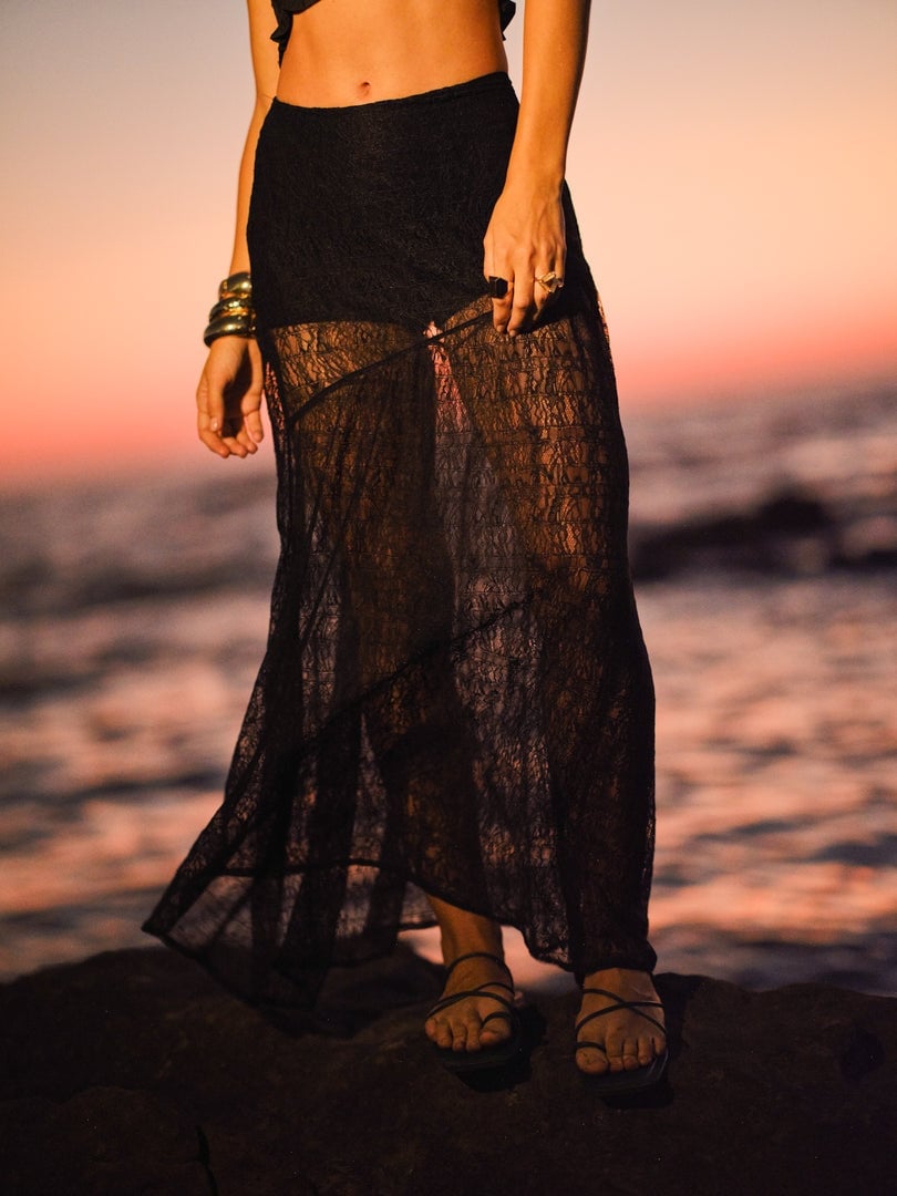 Flowing Black Lace Maxi Skirt With Sheer Overlay — Classy Lace Skirt Outfit