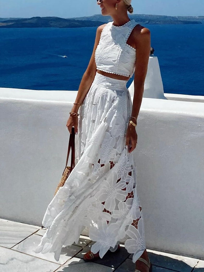 White Lace Maxi Skirt With Floral Cut-Outs — Classy Lace Skirt Outfit