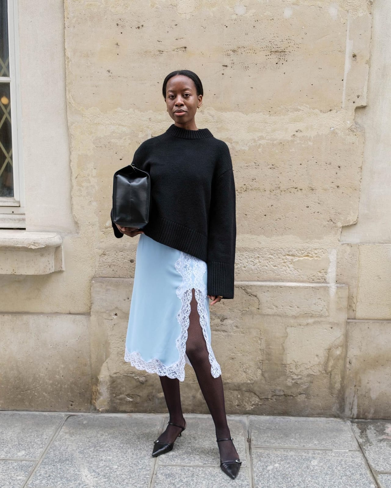 Light Blue Satin Midi Skirt With White Lace Trim — Classy Lace Skirt Outfit