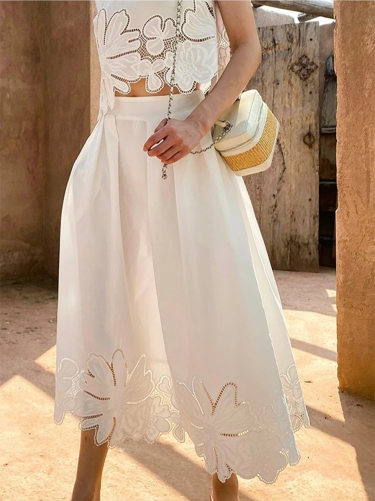White Lace A-Line Midi Skirt With Floral Cut-Outs — Classy Lace Skirt Outfit