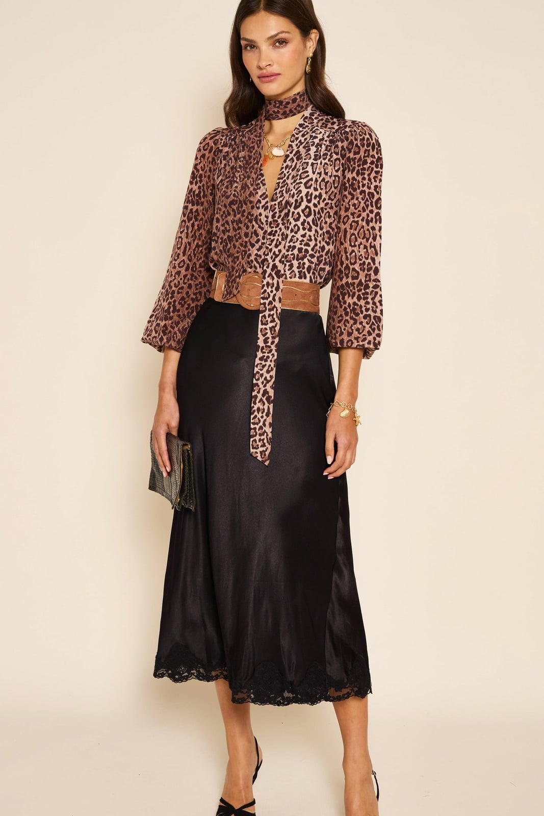 Black Lace-Trimmed Midi Skirt With Leopard Print Blouse — Classy Lace Skirt Outfit