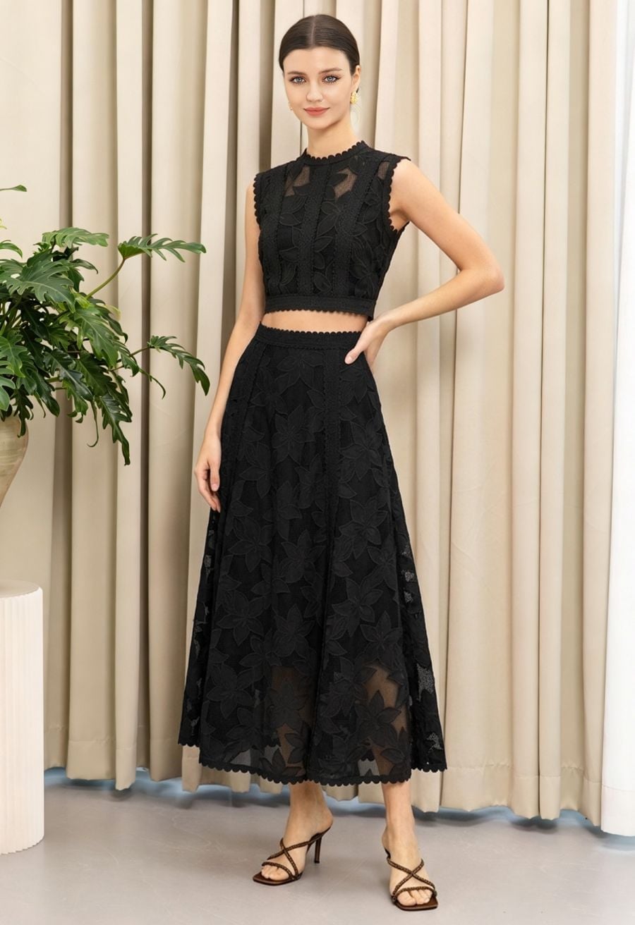 Black Lace A-Line Midi Skirt Set With Scalloped Edges — Classy Lace Skirt Outfit
