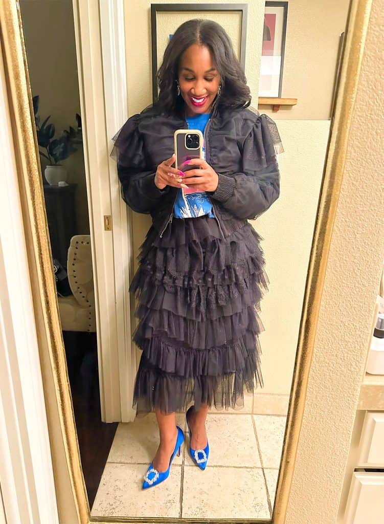 Black Tulle Bomber Jacket With Tiered Tulle Skirt Black Tulle Bomber Jacket With Tiered Tulle Skirt — Classy Las Vegas Outfits
