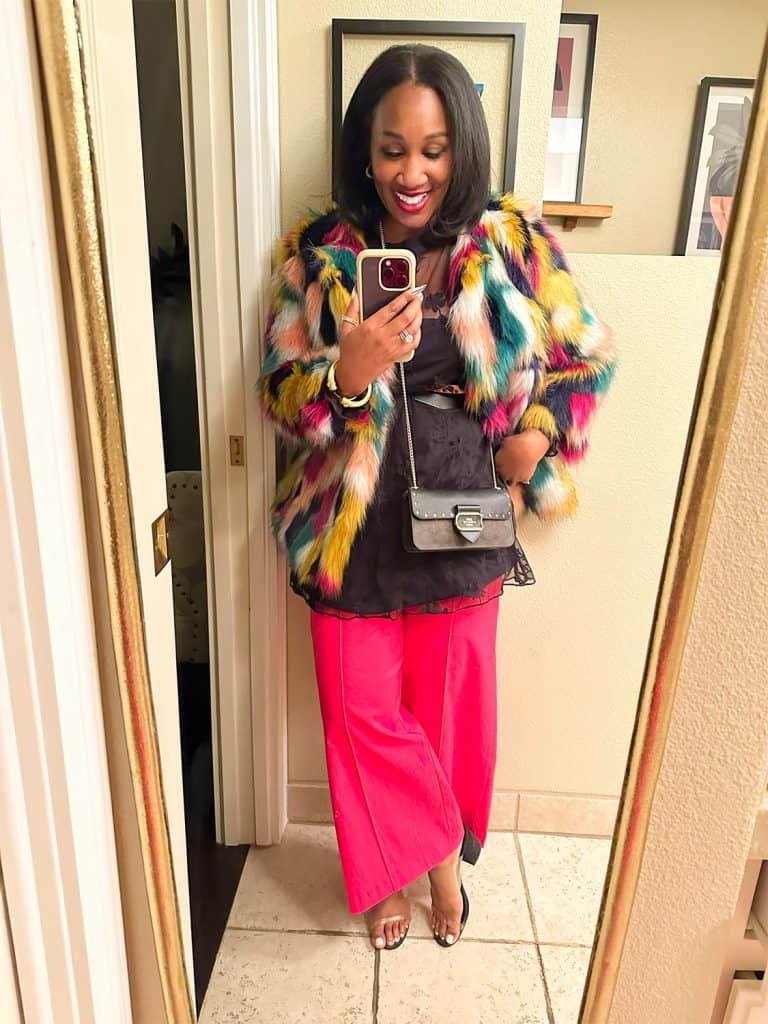 Colorful Faux Fur Coat Over Lace Top With Pink Pants Colorful Faux Fur Coat Over Lace Top With Pink Pants — Classy Las Vegas Outfits