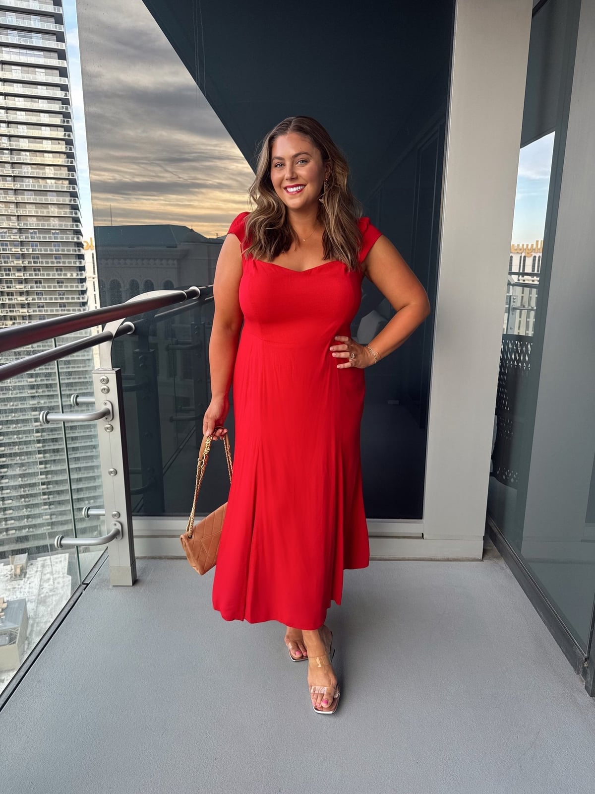 Vibrant Red Midi Dress With Sweetheart Neckline Vibrant Red Midi Dress With Sweetheart Neckline — Classy Las Vegas Outfits