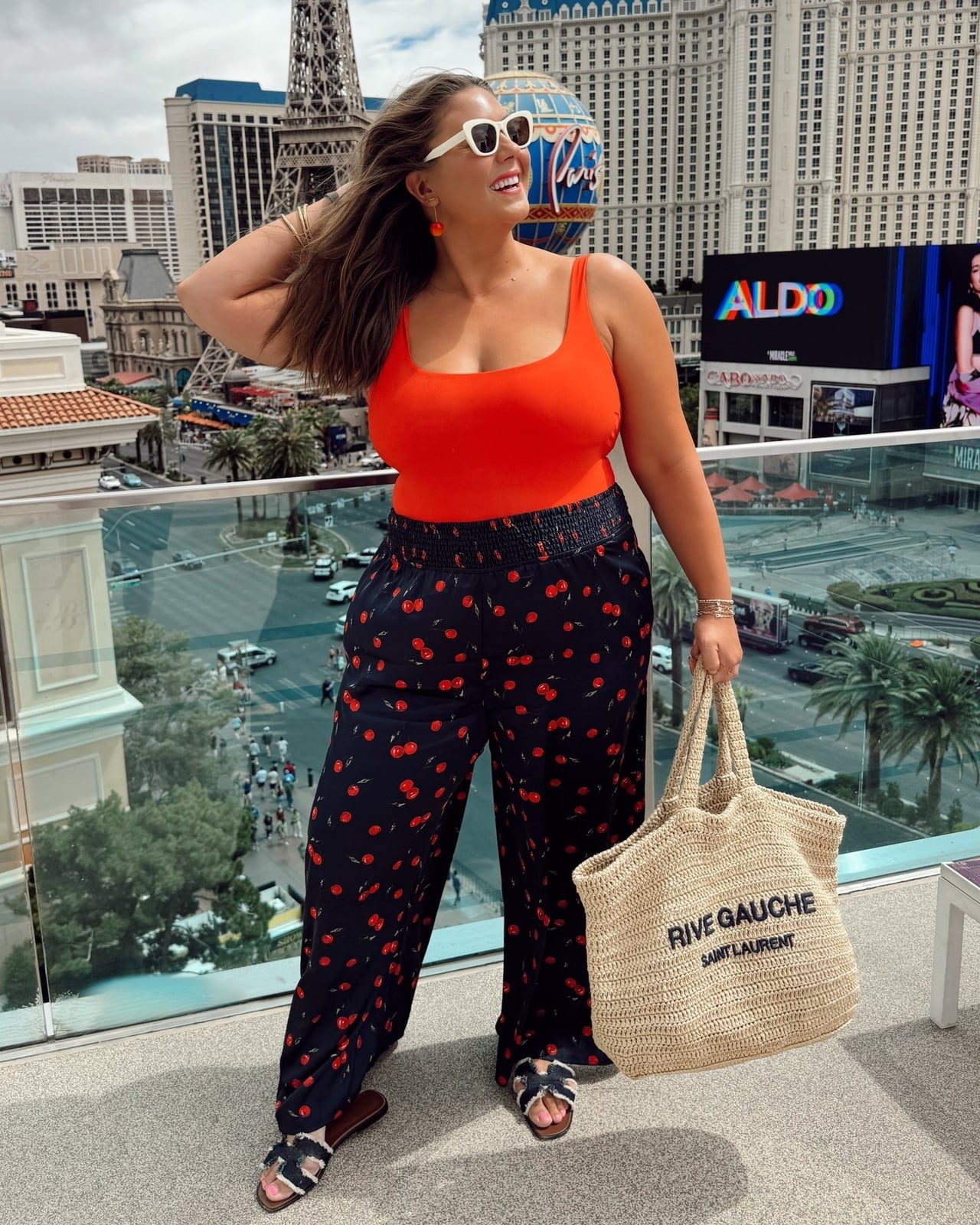 Orange Tank Top With Cherry Print Wide Leg Pants Orange Tank Top With Cherry Print Wide Leg Pants — Classy Las Vegas Outfits